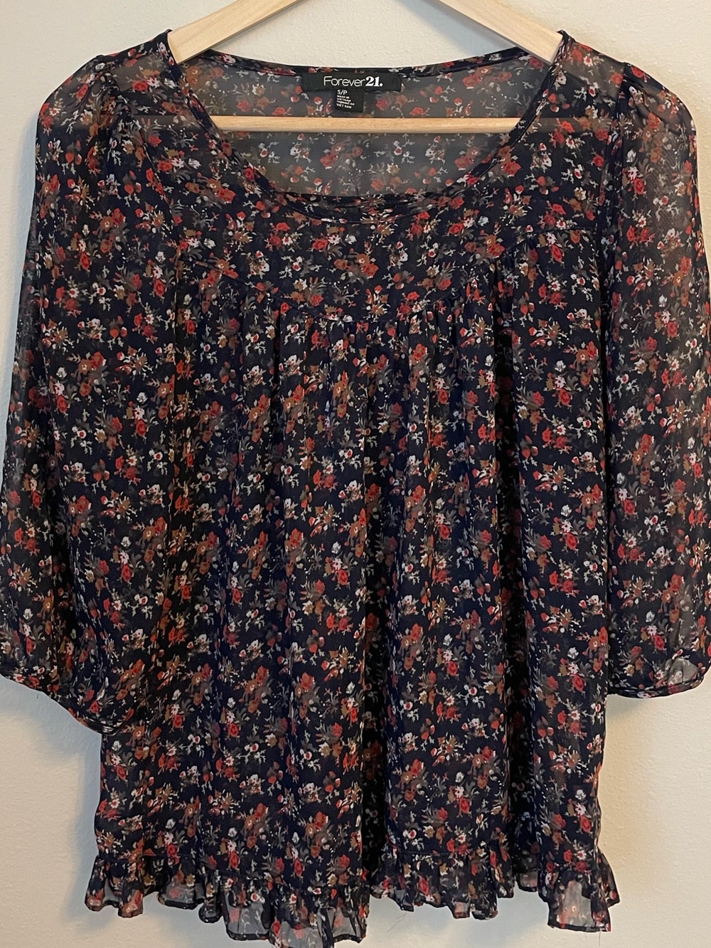Forever 21 - Sheer Navy Floral Blouse - 3/4 Sleeve Ruffle Hem Boho Top - Size S